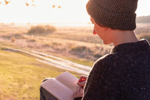 person writing in journal looking out at beautiful landscape
