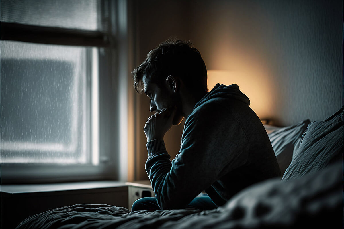 Signs of Ecstasy Abuse Young man exhibiting signs of ecstasy abuse sits on bed in darkened room