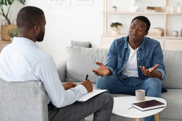 Relapse Prevention in San Francisco, CA man talks with counselor about relapse prevention programs in san francisco